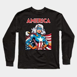 America Patriotic Female USA Superhero July 4th Long Sleeve T-Shirt